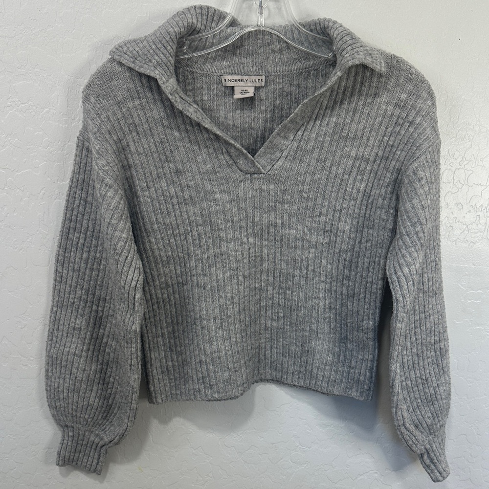 Gray V-Neck Sweater collar XS‎ wool blend long sleeve fisherman granola